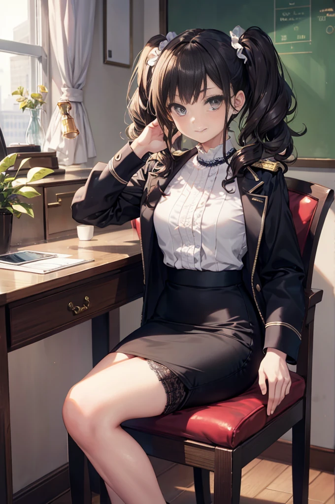 (masterpiece), 4K,woman,2 feet,long sleeve military uniform,Small breasts,Small Ass,Curly Twin Tails,Light bulb lighting,Realistic, skinny, smile,Sitting in a luxurious chair,((Lace ruffled pencil skirt)),Writing documents