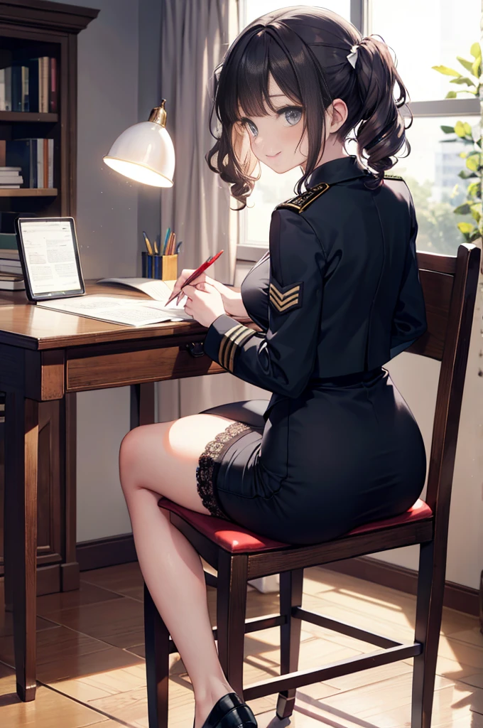 (masterpiece), 4K,woman,2 feet,long sleeve military uniform,Small breasts,Small Ass,Curly Twin Tails,Light bulb lighting,Realistic, skinny, smile,Sitting in a luxurious chair,((Lace ruffled pencil skirt)),Writing documents