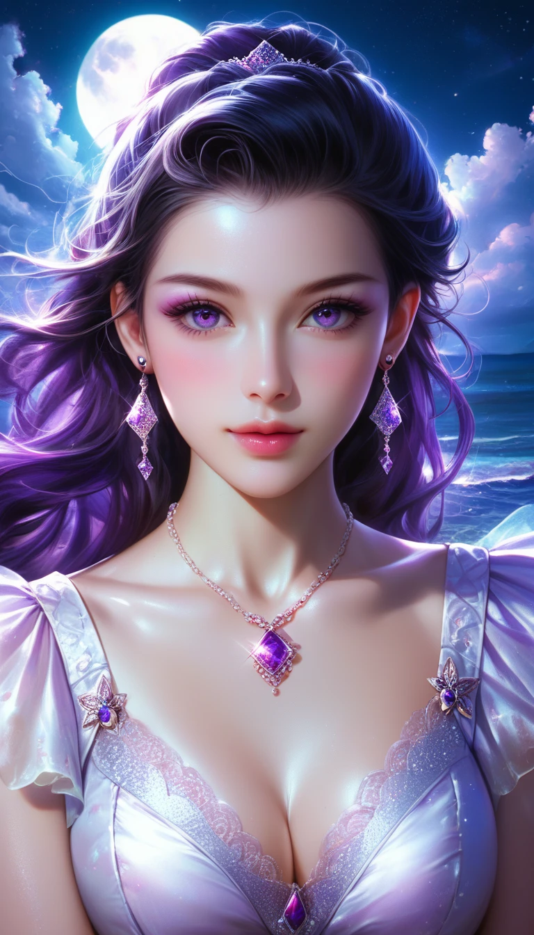 score_9, score_8_superior, score_7_superior, A masterpiece in 32K resolution,Highest quality,it is really amazing,Very detailed,Ultra-high resolution,Ultra-realistic,Realistic,Increased depth of field,Cinematic lighting,
Elegant Japanese woman,
Long black hair,Ultra-detailed and beautiful face,Gentle expression,Translucent white skin,Realistic skin texture,
Sexy Summer Beach Dresses,
Bold design,Artistic design,Beautiful and detailed pattern,Detailed fabric texture,
Gorgeous necklace,Earrings,
Coastline at night,Giant Moon,Dark clouds floating in the dark night sky,
High angle,