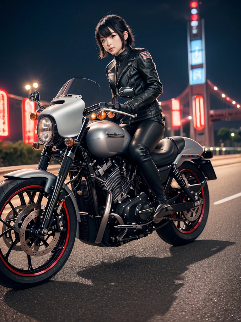 (8k, Photorealistic, Raw photo, Highest quality: 1.4),Japanese idol-style beautiful girl,1 person,18-year-old,(Short Bob),(Silver Hair),Blowing in the wind,Clear grey eyes,Long eyelashes,(piercings(small)),Rider Suit,(The future of large motorcycles(Akira,American type,Harley Davidson)Riding),No helmet,Driving on the Metropolitan Expressway at night,The flowing red taillights are beautiful,View from the rear,(Full body snapshot)