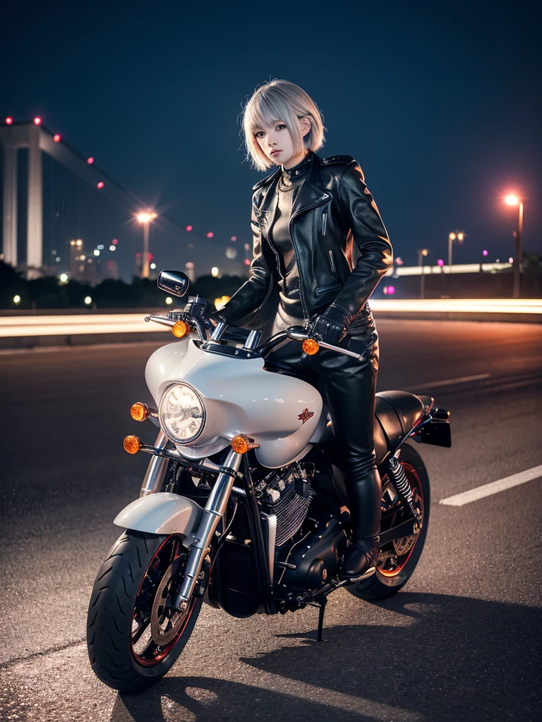 (8k, Photorealistic, Raw photo, Highest quality: 1.4),Japanese idol-style beautiful girl,1 person,18-year-old,(Short Bob),(Silver Hair),Blowing in the wind,Clear grey eyes,Long eyelashes,(piercings(small)),Rider Suit,(The future of large motorcycles(Akira,American type,Harley Davidson)Riding),No helmet,Driving on the Metropolitan Expressway at night,The flowing red taillights are beautiful,View from the rear,(Full body snapshot)