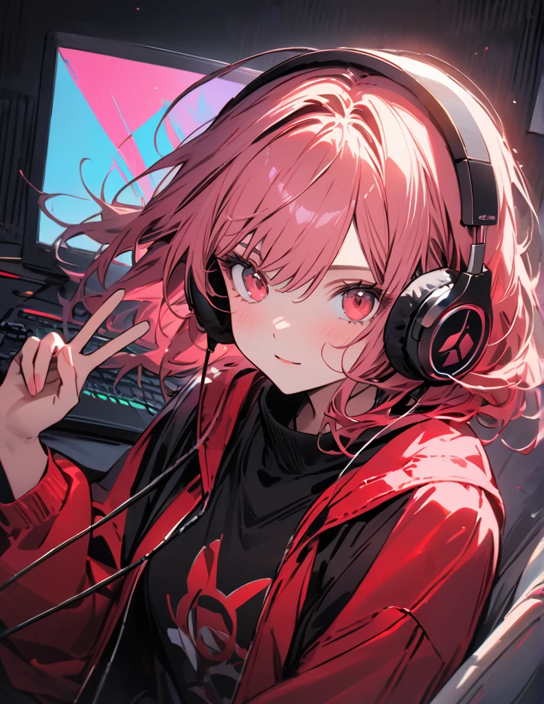 アニメ、デジタルアート、フラットデザイン、whole body、uhd, (masterpiece:1.2), best quality, highres, award winning, high details、Listening to music with headphones and looking here computer、her hand peace sign 、Her hair is color pink&red bowing in the wind and she has a calm expression.