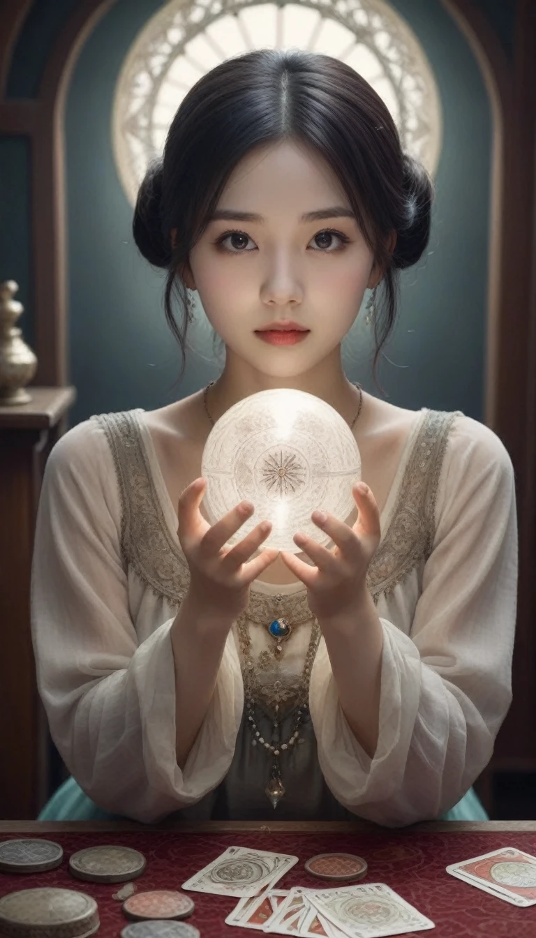 Sure! Here’s an English prompt for creating a realistic image of a fortune-telling woman:

“A realistic image of a fortune-telling woman, with mystical elements like a crystal ball, tarot cards, and a serene, mysterious atmosphere. She should have an enigmatic expression, wearing traditional fortune-teller attire with intricate details.”

Would you like any specific details added to this prompt?