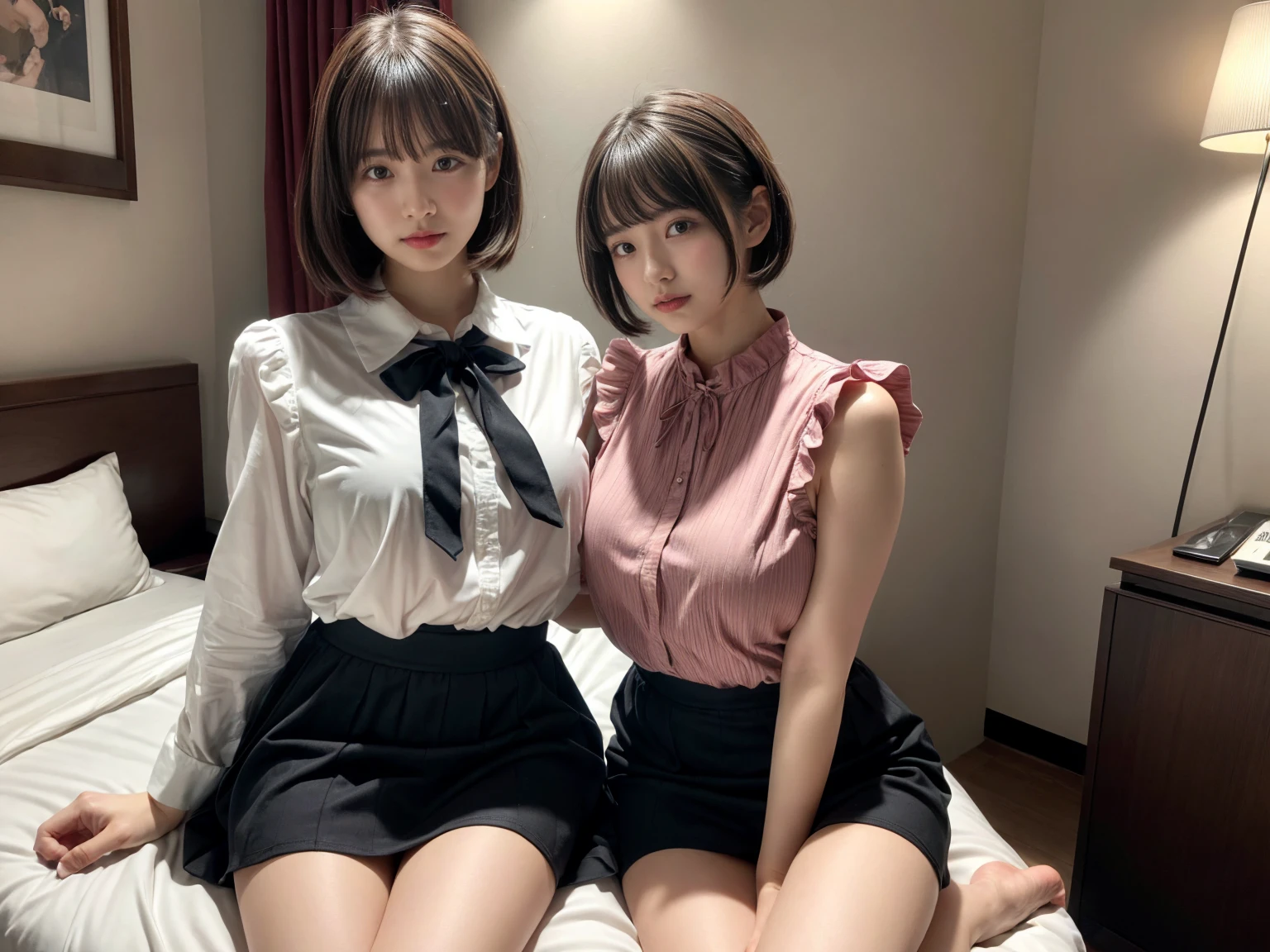 masterpiece, best quality, illustration, Super detailed, fine details, High resolution, 8K,wall paper, perfect dynamic composition,(Details High quality, realistic depiction of eyes:1.3), (2 girls), pink frilled shirt blouse, Black Frilled skirt, sitting, open legs, short bob hair, in a hotel room in the background, deep on field, large breasts, black hair color, Big Natural Color Lip, (perfect body shape), crying a little、Harajuku style、20 year old girl、cute type、beautiful legs, Gravure Idol