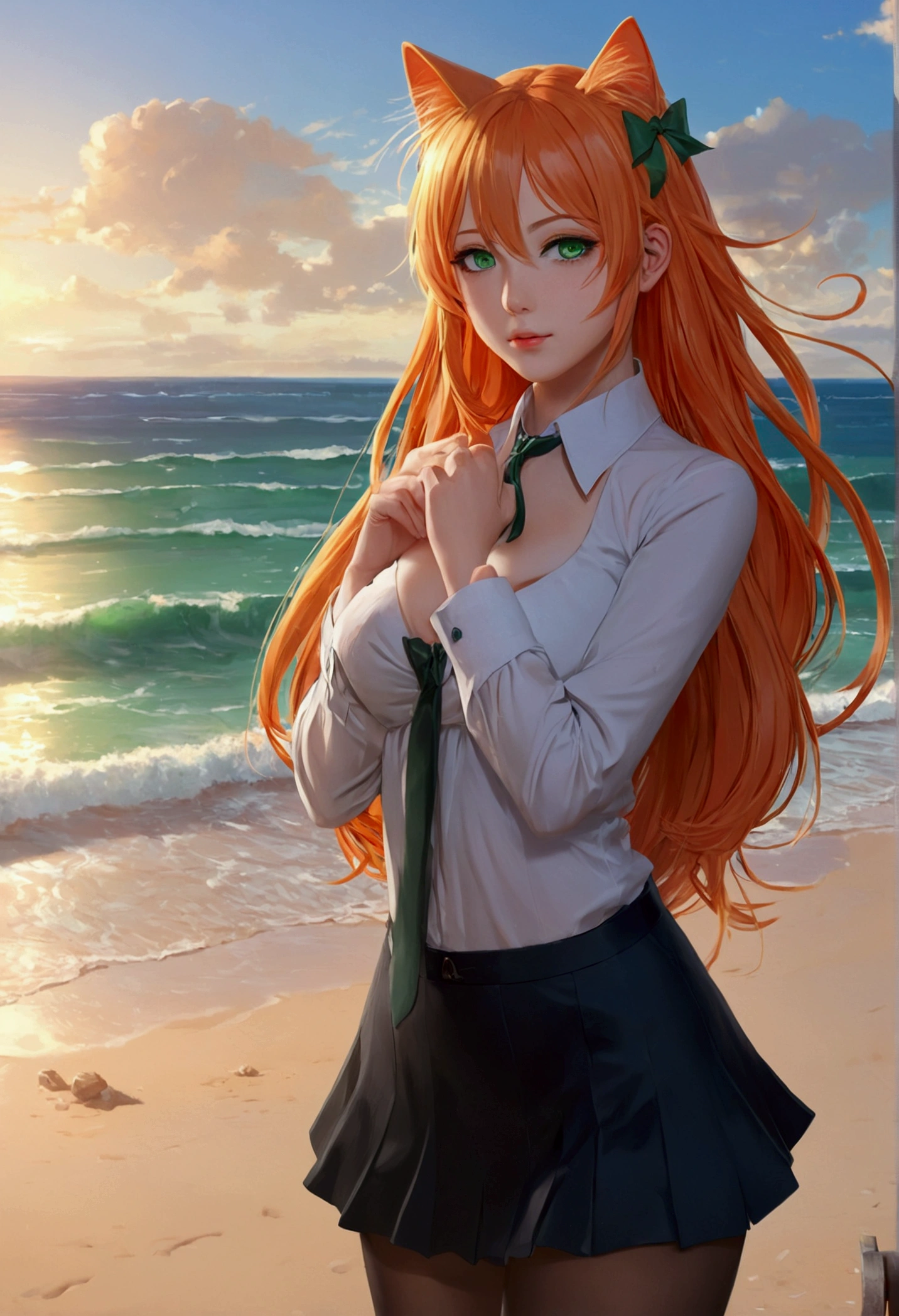 anime girl with long orange hair standing on beach near ocean, green eyes detailed digital anime art, cat ears, , anime girl with long hair, smooth anime cg art, anime girl with long hair, average breast size, digital anime art, artwork in the style of guweiz, beautiful anime portrait, photorealistic anime girl render, beautiful anime girl, advanced digital anime art, pantyhose, guweiz on artstation pixiv upscale HD UHD HQ