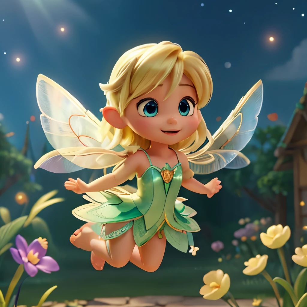 Detailed face、Tinkerbell、Blonde、Fairy with feathers、、Reveal clothing、fly in the sky、((whole body))、((Dynamic Pose))、Various expressions、Pointed Ears、Long limbs