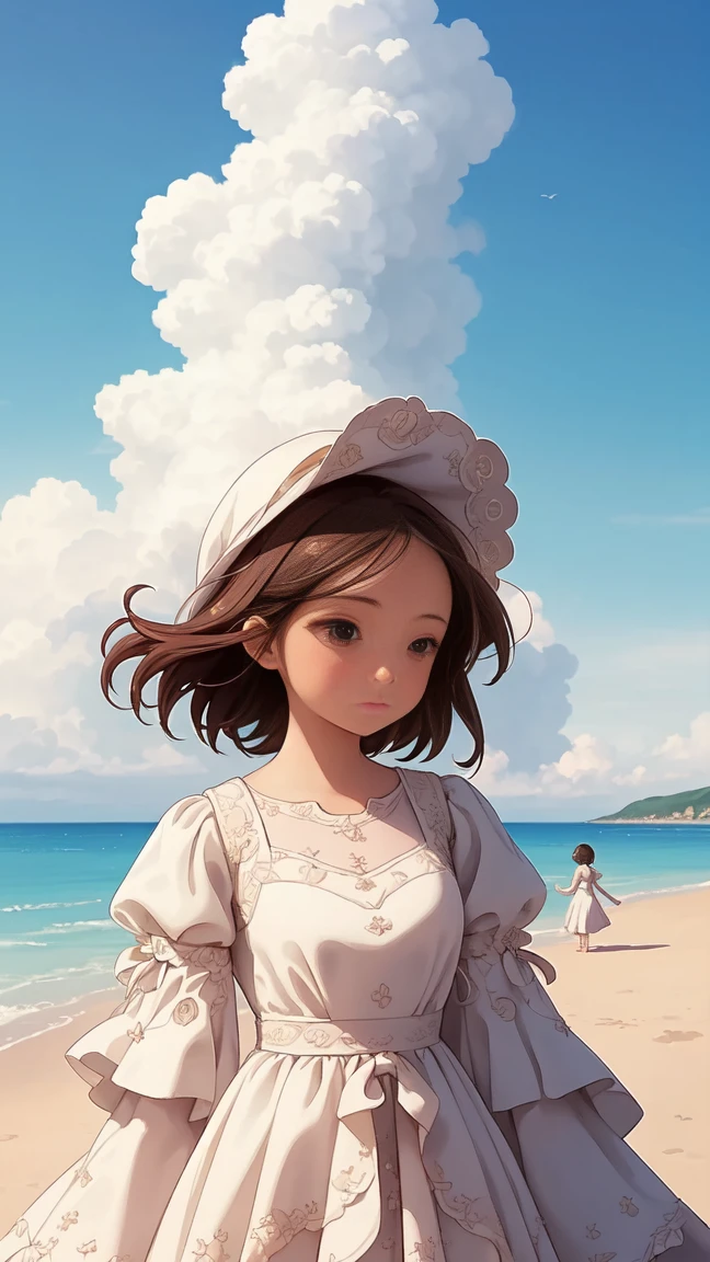 Two Girls,Wearing a one-piece dress,soft ((Highest quality)), ( Very detailed, Best details, Official Art, Beauty and aesthetics: 1.2), Depth of the written border, composition, whole body, (a bit), (Beautiful and detailed: 1.3), (wonderful:1), Colorful clouds blurred background