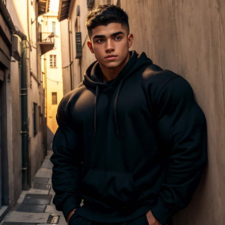 a young man, short hair, big eyes, wearing a simple black sweatshirt with long sleeves, massively muscular, with massively large muscles, leaning against the wall of a narrow alley