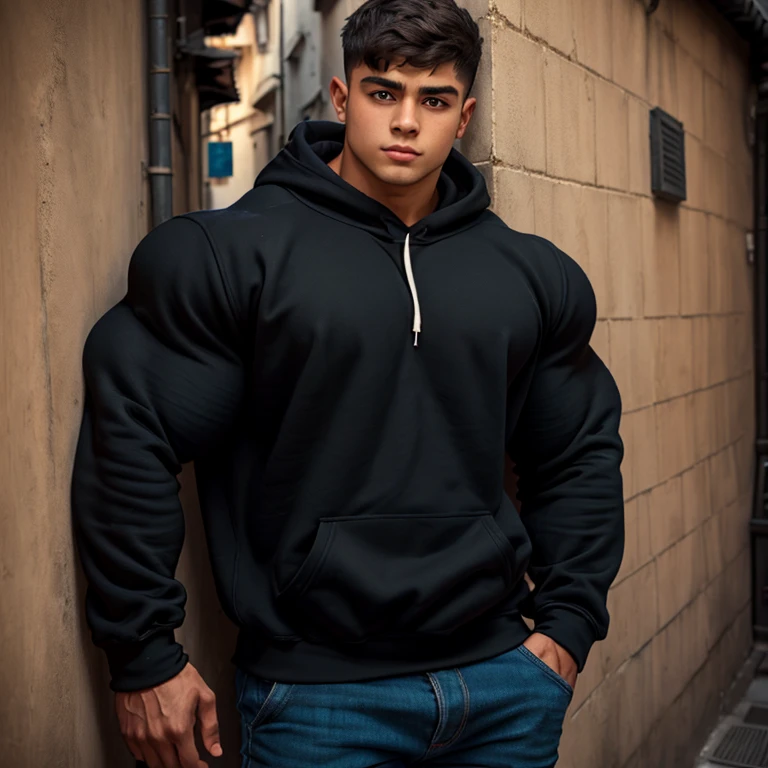 a young man, short hair, big eyes, wearing a simple black sweatshirt with long sleeves, massively muscular, with massively large muscles, leaning against the wall of a narrow alley