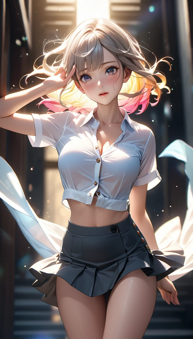 Masterpiece、最high quality、high quality、High definition、High resolution、High detail、Lens flare、Ray tracing method、high qualityの質感、high qualityの影、Beautiful details、Detailed and delicate、Detailed texture、Realistic facial expression、Realistic and colorful、Delicate、Cinematic Light、Side light、Sharp Focus、(1 woman:1.3)、(Intricate details、Makeup、Pure Eros Face_v1:0.5)、(Details Beautiful delicate face、Detailed beautiful delicate eyes、Perfect Facial Proportions、Detailed skin、Charm)、fancy hairstyles、Beautiful bangs、(Two-tone gradient hair color)、slender、(Upturned beautiful breasts)、Raise your arm and make a peace sign、Detailed crotch、Female juice、(Experiencing the best orgasm)、Light-colored V-cut、Light-colored thong、Thigh mini skirt、Low-rise mini skirt、Front-button short-sleeve shirt、Crop top、The wind blows and sways