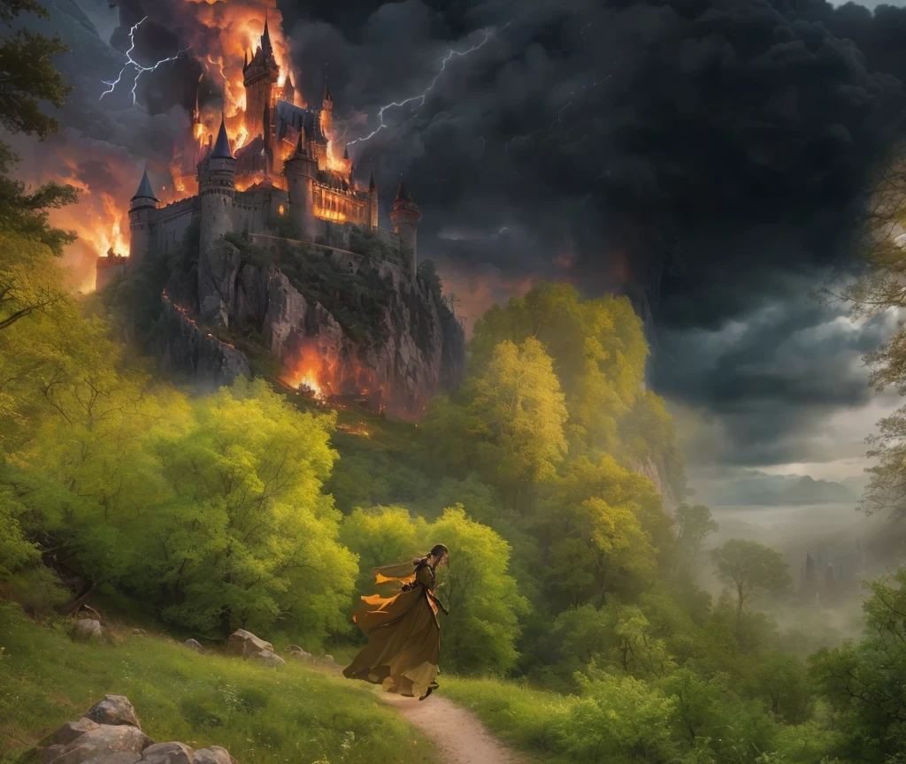 elf girl running away from the forest in a long dress, behind her is a forest and a burning castle. Arafed Castle on a hill with a woman in a long dress., Cover of an epic fantasy novel, epic fantasy illustration, inspired by Mark Simonetti, an ominous fantasy illustration, art style of Марк симонетти, 4K wallpaper