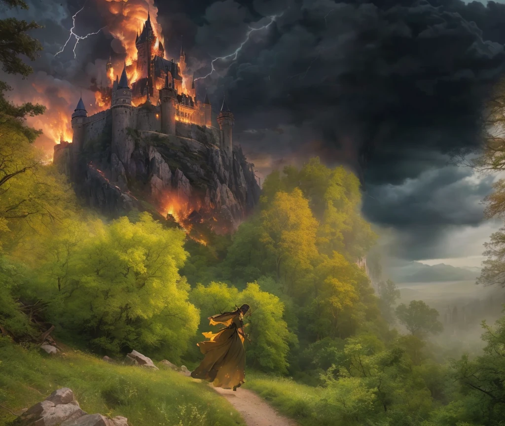 elf girl running away from the forest in a long dress, behind her is a forest and a burning castle. Arafed Castle on a hill with a woman in a long dress., Cover of an epic fantasy novel, epic fantasy illustration, inspired by Mark Simonetti, an ominous fantasy illustration, art style of Марк симонетти, 4K wallpaper