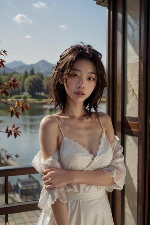 A beautiful Chinese woman wearing Hanfu stands in front of the round window, surrounded by red maple leaves and traditional decorations on her wall. She is dressed in white with an embroidered pattern featuring mountains and rivers, creating a classical style that highlights the beauty of nature. The photo was taken using Canon EOS R5 lenses, with a wideangle lens capturing the entire scene. This artwork showcases stunning details and high resolution, making it perfect for display as digital art.,,in，xianxia