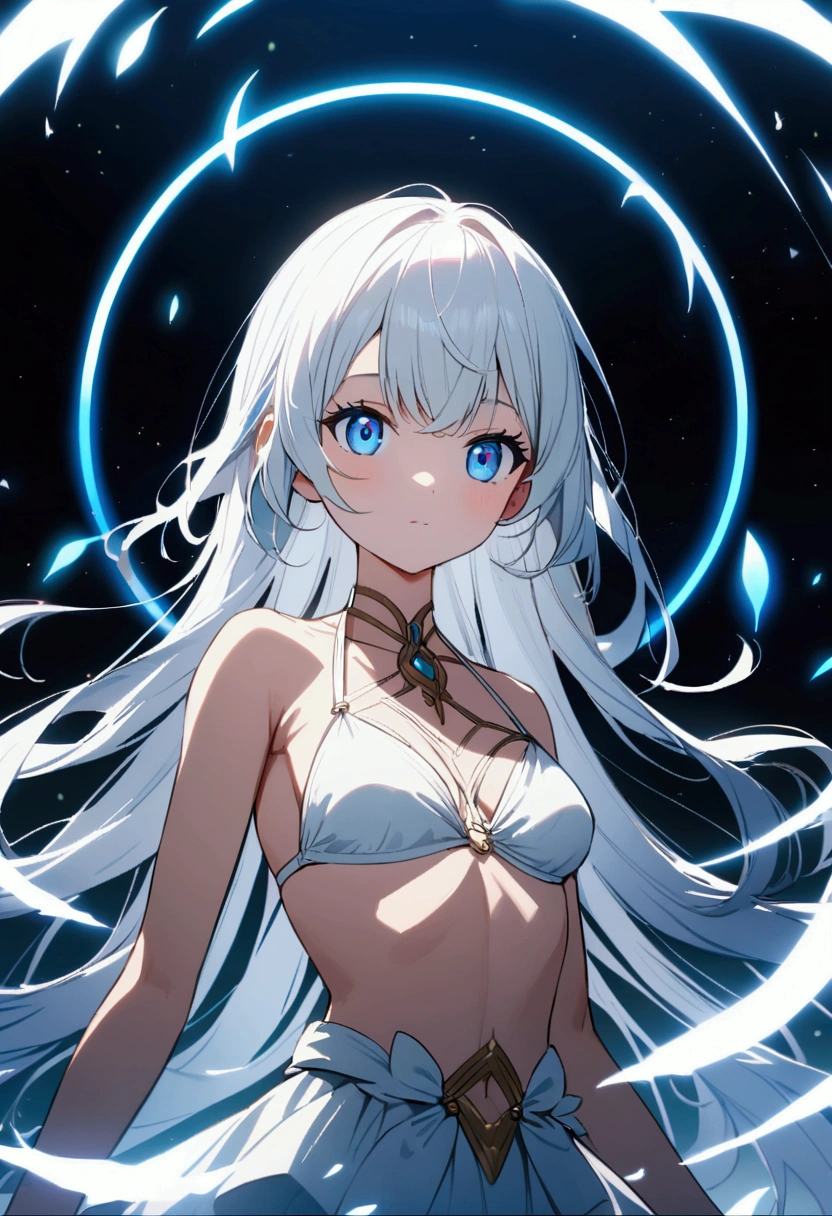 A beautiful anime girl with white hair, blue eyes, bikini