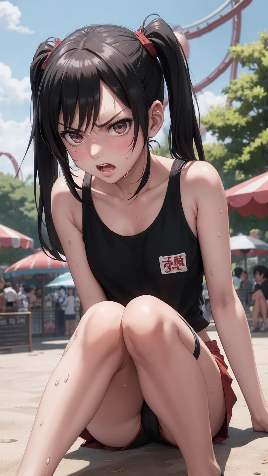 SARADA,FANTASIA,ANIME,MANGÁ,NARUTO,AÇÃO,hot, sweating, sitting on the ground, pigtails, looking at camera, facing forward, legs spread, angry, amusement park