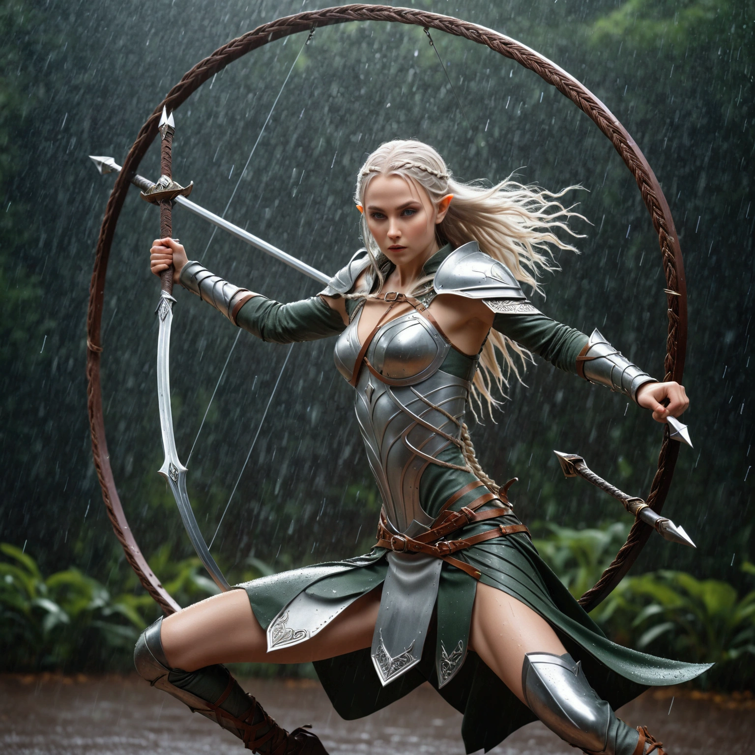 slow exposure image of a {1elven stunning pose, warrior, swinging the sword in circle swing, photo_model pose, holding sword, bright shining(ARMOR AND SHIELD), perfect proportional anatomy, elven with high heels, silver long hair, multi braid hair, bright shining armor, rain of arrows, jumping attack stance battlefight, UHD, intricate detailed, 8k, best quality ever, masterpiece, super detailed, unleashed creativity, beyond imagination, dramatic light, gradient motion color background}, rough, massive rain arrows background, arrows rain, weathered and textured, slow shutter speed motion photography, shot on Fuji Film XT4 camera f/1.5. ISO 200