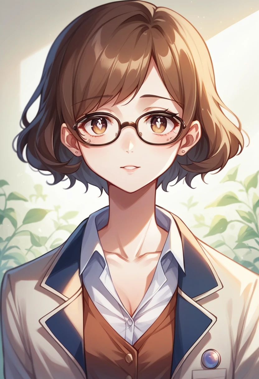 CG, Unity, 8k, wallpaper, Highest quality, masterpiece, Lovely lady, 18-year-old, Brown hair short cut, White skin, Best lighting, Complex pupil, Intricate weaving,((researcher:1.2)),harf body,professor、tailored jacket、Gadget Pouch、Opened the chest、Glasses