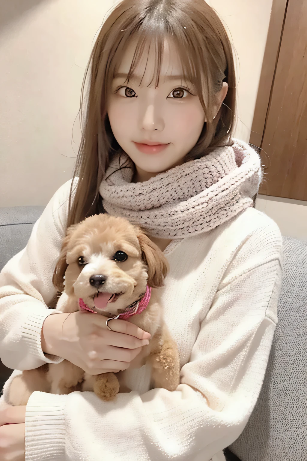 Japan beauty, very cute and pretty face with double eyelids, big eyes, smiling at the camera, wearing a sweater and scarf holding her brown poodle dog in one hand, sitting on sofa, photo taken by iphone15 pro max --ar 3:4