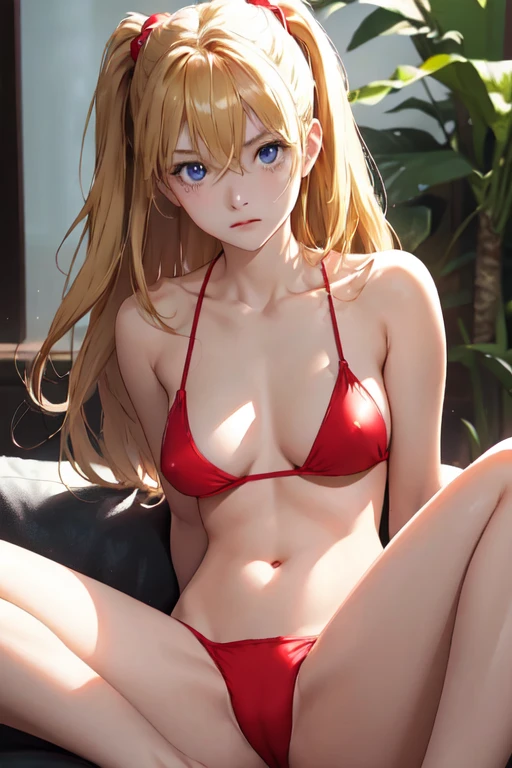 (masterpiece, best quality), 1girl, beautiful face, beautiful body, souryuu_asuka_langley, hair between eyes, solo, bright expression, natural small breast, cleavage, slim, thin, tall, blonde reflected light, red bikini, collarbone, silky shiny skin, see through nipple, high resolution, sitting, perfect detailed anatomy, perfect arms, perfect fingers, navel, spread legs, soft light