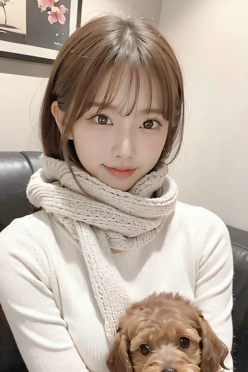 Japan beauty, very cute and pretty face with double eyelids, big eyes, smiling at the camera, wearing a sweater and scarf holding her brown poodle dog in one hand, sitting on sofa, photo taken by iphone15 pro max --ar 3:4