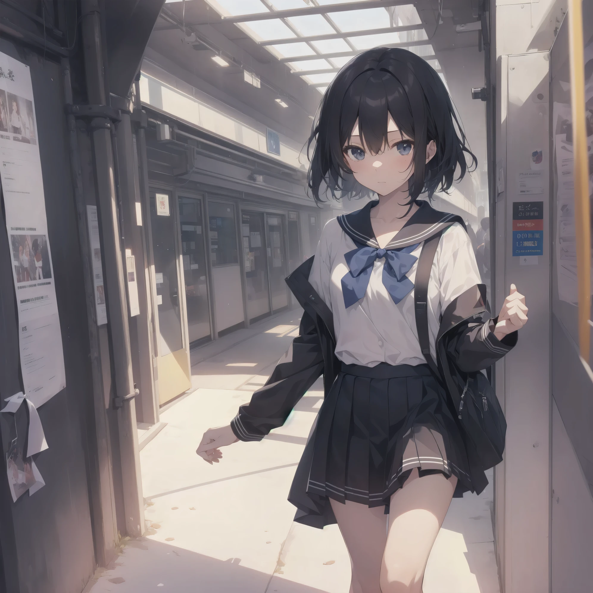 ultra-absurdres-Top quality by artist God, ultra-detailed, high resolution, anime moe artstyle, best anime 8k konachan wallpaper, pixiv contest winner, pool:2810, perfect anatomy,break, 1girl, (Please draw a girl walking sleepily to school alone. )break,(Solo,little female, :1.3),Full limbs, complete fingers,a junior high school student, (very short hair), short cut, flat chest, , small butt, smallck eyes, beautiful detailed eyes, well-proportioned iris and pupils, expressive eyes, highres detailed hair, soft expression, salor school_uniform, sailor collar, serahuku, bow, pleated skirt,(Detailed Lighting), (Detailed background), in the School commute route. break,super detailed skin, Best cinematic lighting powered by famous artist, 8k,beauty illustration,photoshop_(medium),very aesthetic,break,((artist:kashikaze )), artist:clamp ,artist:carnelian ,artist:kantoku ,
