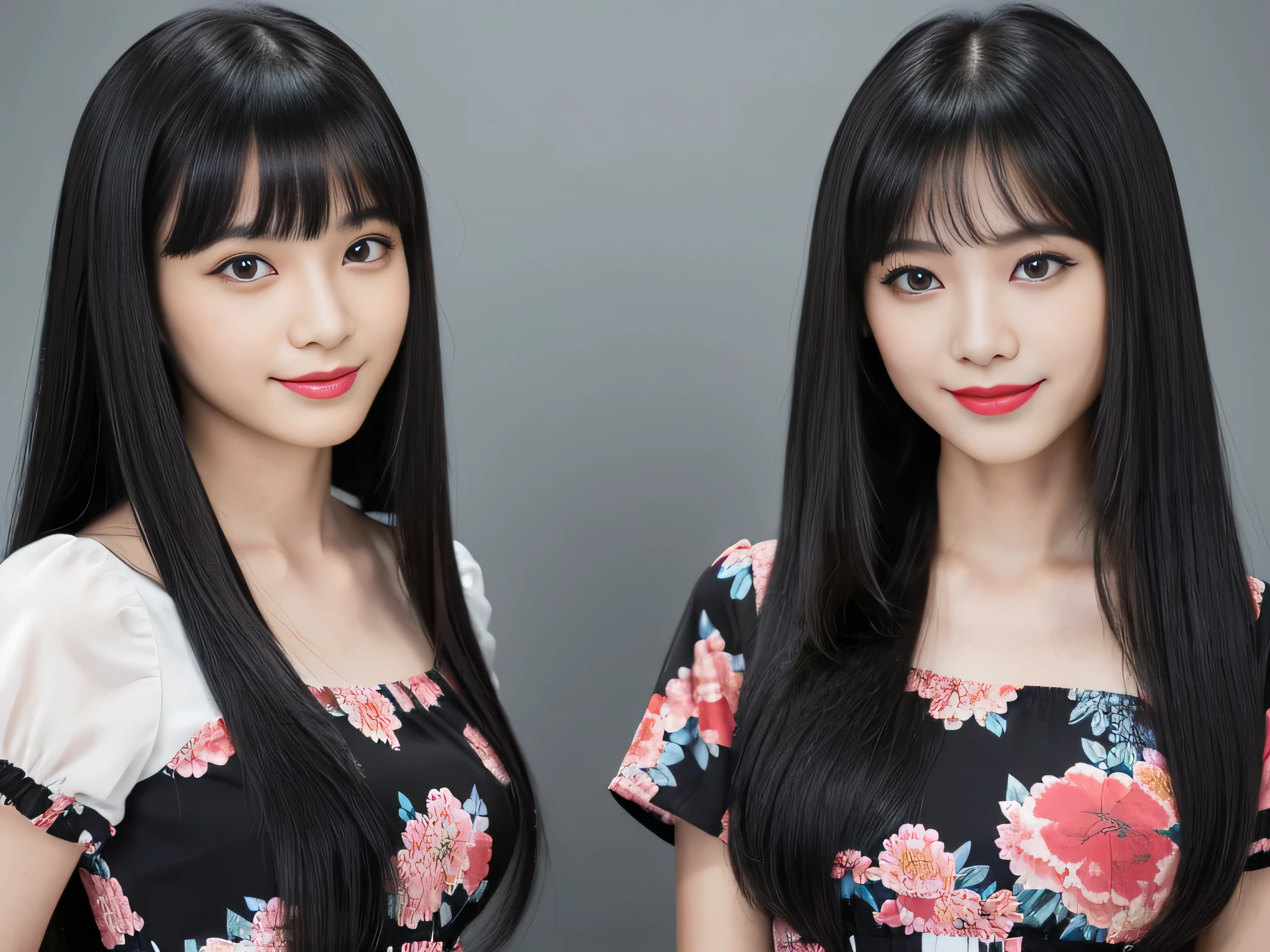 (Identical twins :1.3)　(Photo of two people)　(The two are posing happily &reference;stand&reference;.:2.0)　(Couple looks happy as they gaze at each other on a crowded street in Japan..)　((Highest quality))　((masterpiece))　(family friendly)　(Get used to it)　(The most beautiful and sensual 18-year-old hair model in Japan)　(Very shiny and voluminous, Very straight!!!　The highest quality and finest detail of the extremely long and endless length of jet black hair hangs widely on both ends of the body.　Her extremely long, extremely detailed, extremely long, jet black hair is extremely long.!!!　Her beautiful jet black hair is very long!!!!!　Her hair is very black!!!!!　length hair down to the waist!!!!!　length hair down to the waist!!!　length hair down to the waist!!!　length, Shiny Black Hair, black silky hair, detailed length Black Hair, length black straight hair, Long straight Black Hair, length Black Hair, Thick and shiny length Black Hair!!!!!, length!!!!! Black Hair, Straight length Black Hair!!!!!, length and free straight Black Hair, Perfect Silky Straight Hair, Extra Dark Natural Black Hair, very length Black Hair)　(Her bangs are neatly trimmed, Complete Habit:1.3)　(She received a beautiful make-up done by a professional make-up artist.......　Exquisite texture:1.4　Bright red lipstick　Beautiful black eyeliner)　(She has a typical Japanese body type and typical Japanese skin color.......、The skin has fine details)　(Her face is perfect, Slim and dignified.　 double eyelid　Squint your eyes:1.1)　(They were wearing floral short-sleeved dresses...:1.5)　(Genuine RAW photos taken by professional photographers using SLR cameras)　((Rich 1.4))　(Extremely detailed 8K)　(Exquisite texture1.4)　(current, Vibrant:1.4),　Sharp focus:1.2、Beautiful woman:1.4　Dynamic Lighting　(Genuine RAW photos taken by professional photographers)　