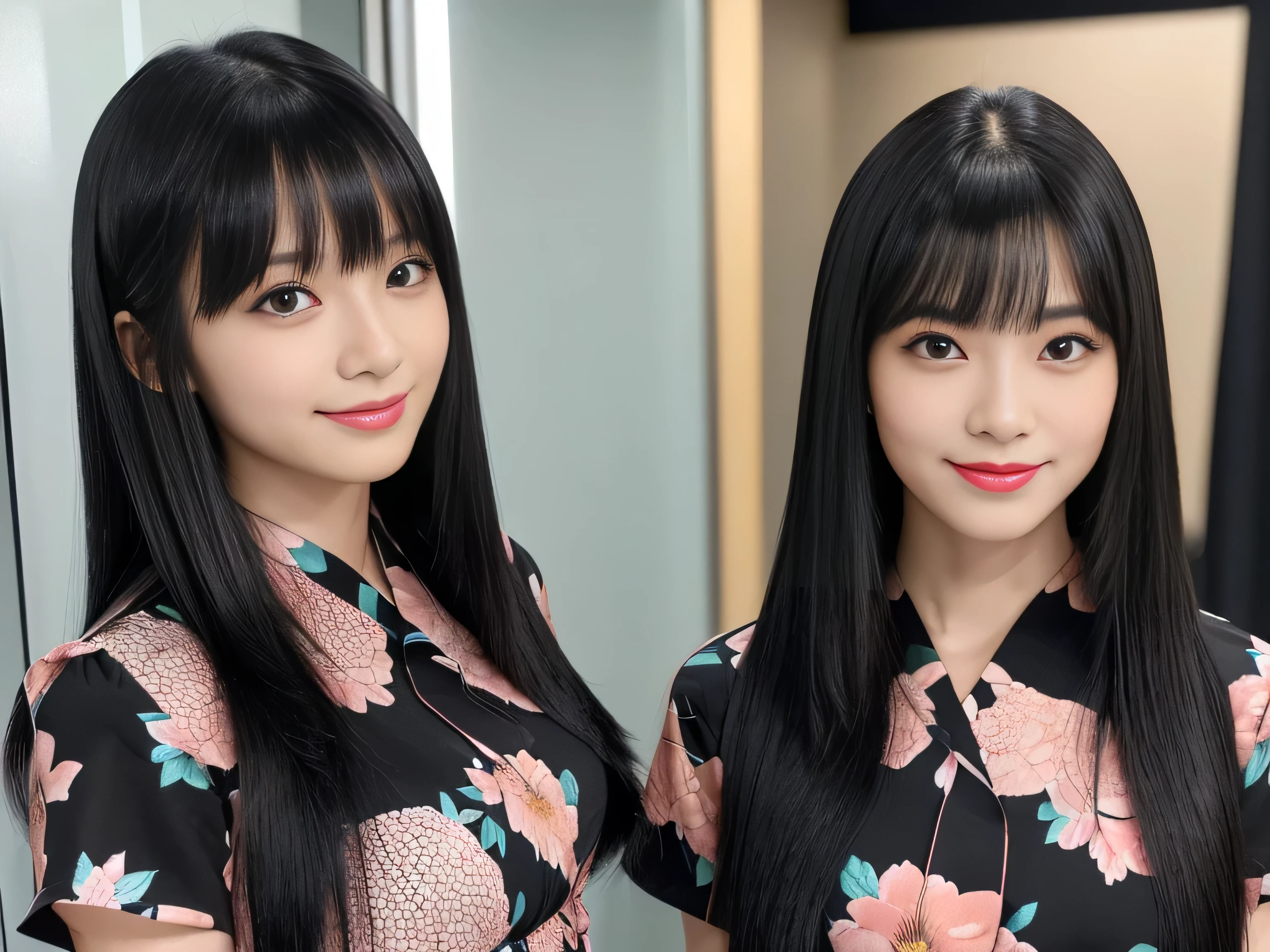(Identical twins :1.3) (Photo of two people) (The two are posing happily &reference;stand&reference;.:2.0) (Couple looks happy as they gaze at each other on a crowded street in Japan..) ((Highest quality)) ((masterpiece)) (family friendly) (Get used to it) (The most beautiful and sensual 18-year-old hair model in Japan) (Very shiny and voluminous, Very straight!!! The highest quality and finest detail of the extremely long and endless length of jet black hair hangs widely on both ends of the body. Her extremely long, extremely detailed, extremely long, jet black hair is extremely long.!!! Her beautiful jet black hair is very long!!!!! Her hair is very black!!!!! length hair down to the waist!!!!! length hair down to the waist!!! length hair down to the waist!!! length, Shiny Black Hair, black silky hair, detailed length Black Hair, length black straight hair, Long straight Black Hair, length Black Hair, Thick and shiny length Black Hair!!!!!, length!!!!! Black Hair, Straight length Black Hair!!!!!, length and free straight Black Hair, Perfect Silky Straight Hair, Extra Dark Natural Black Hair, very length Black Hair) (Her bangs are neatly trimmed, Complete Habit:1.3) (She received a beautiful make-up done by a professional make-up artist....... Exquisite texture:1.4 Bright red lipstick Beautiful black eyeliner) (She has a typical Japanese body type and typical Japanese skin color.......、The skin has fine details) (Her face is perfect, Slim and dignified. double eyelid Squint your eyes:1.1) (They were wearing floral short-sleeved dresses...:1.5) (Genuine RAW photos taken by professional photographers using SLR cameras) ((Rich 1.4)) (Extremely detailed 8K) (Exquisite texture1.4) (current, Vibrant:1.4), Sharp focus:1.2、Beautiful woman:1.4 Dynamic Lighting (Genuine RAW photos taken by professional photographers)