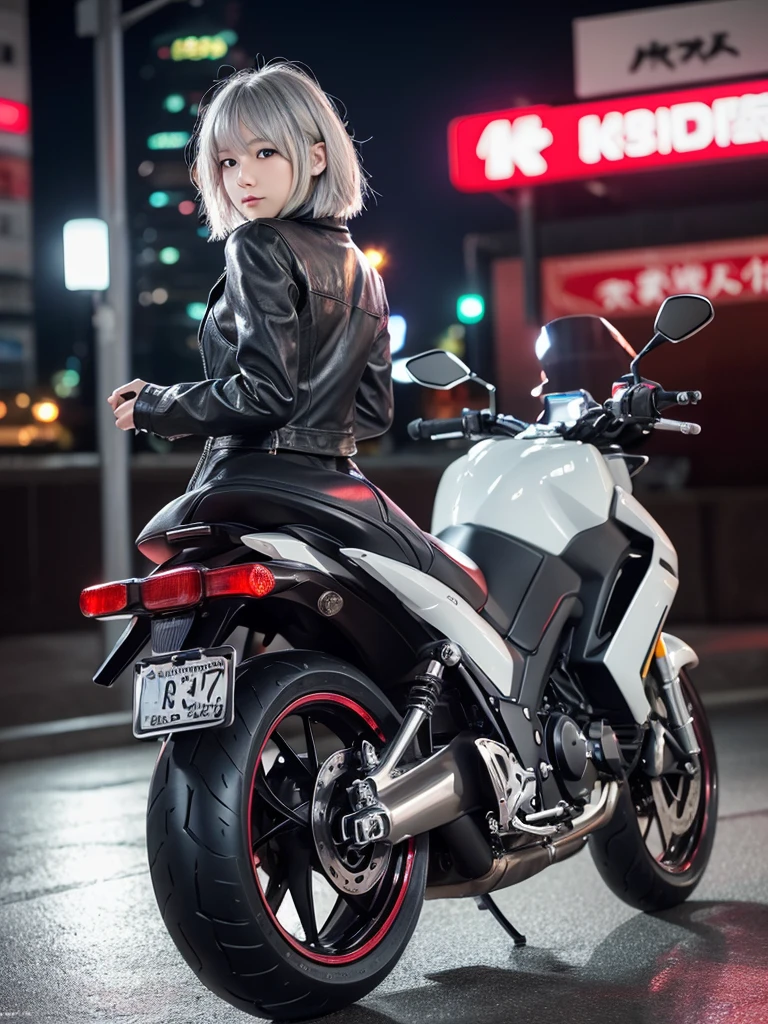 (8k, Photorealistic, Raw photo, Highest quality: 1.4),Japanese idol-style beautiful girl,1 person,18-year-old,(Short Bob),(Silver Hair),Blowing in the wind,Clear grey eyes,Long eyelashes,(piercings(small)),Rider Suit,(The future of large motorcycles(Akira)Riding),No helmet,Driving on the Metropolitan Expressway at night,The flowing red taillights are beautiful,View from the rear,(Full body snapshot)