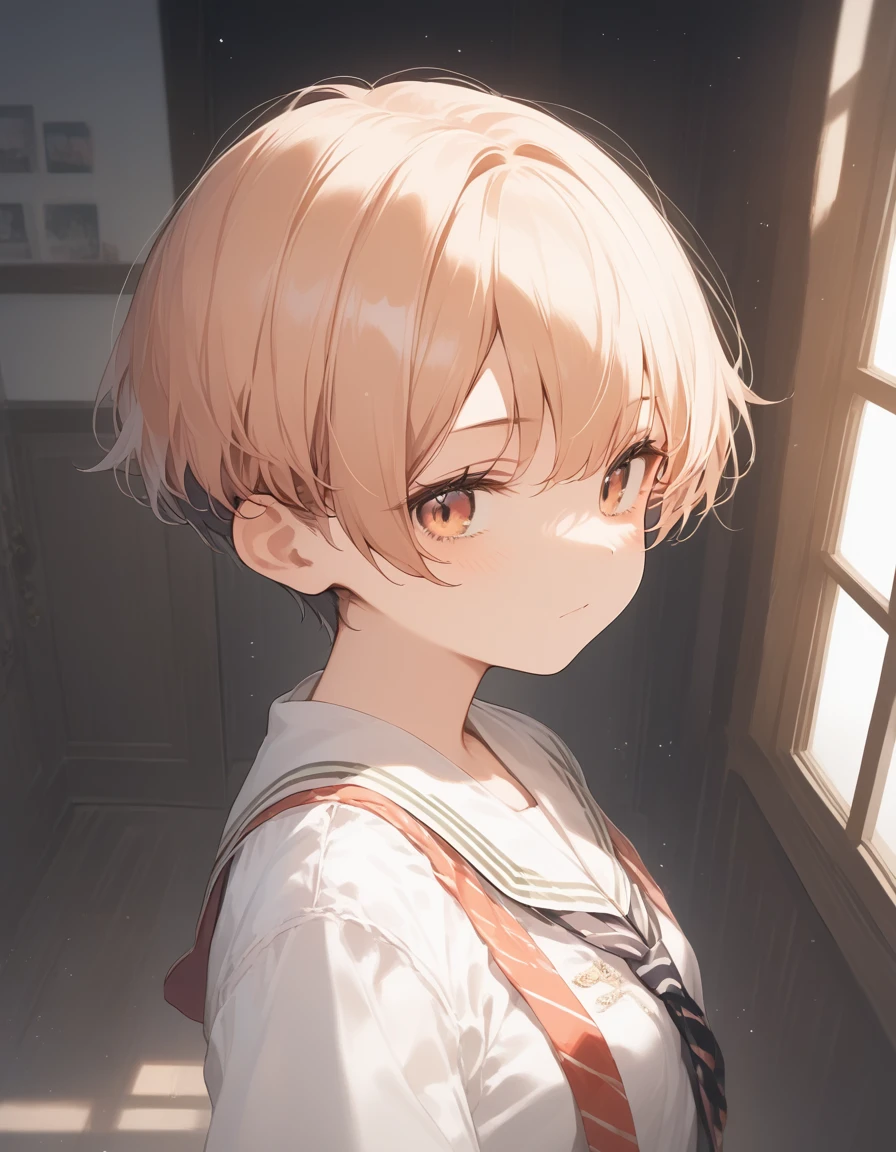score_9, score_8_up, score_7_up, source_anime, best quality, masterpiece, official art, absurdres, highres, ultra-detailed,waifu2x,JAV Cover,break,1girl, tomboy, idol girl, uniform, very short hair, pixie cut, small breasts, beautiful detailed eyes,  expressionless, sleepily, indoors, break,(clear line illustration:1.2), super detailed skin,very high resolution, very aesthetic, Best sexual lighting powered by famous artist, 8k,cute picture,beauty illustration,photoshop_(medium),,(Detailed Lighting),best anime 8k konachan wallpaper, pixiv contest winner, 