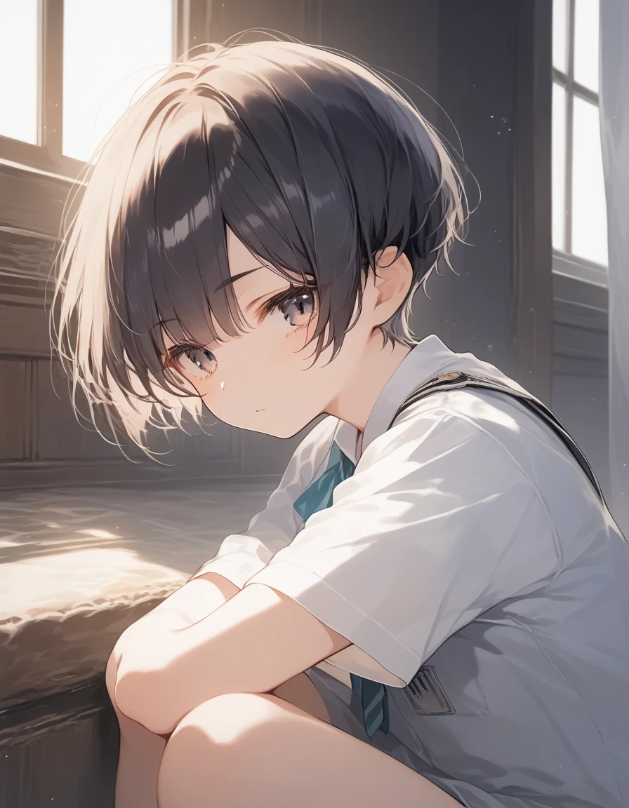 score_9, score_8_up, score_7_up, source_anime, best quality, masterpiece, official art, absurdres, highres, ultra-detailed,waifu2x,JAV Cover,break,1girl, tomboy, idol girl, uniform, very short hair, pixie cut, small breasts, beautiful detailed eyes, expressionless, sleepily, indoors, break,(clear line illustration:1.2), super detailed skin,very high resolution, very aesthetic, Best sexual lighting powered by famous artist, 8k,cute picture,beauty illustration,photoshop_(medium),,(Detailed Lighting),best anime 8k konachan wallpaper, pixiv contest winner,