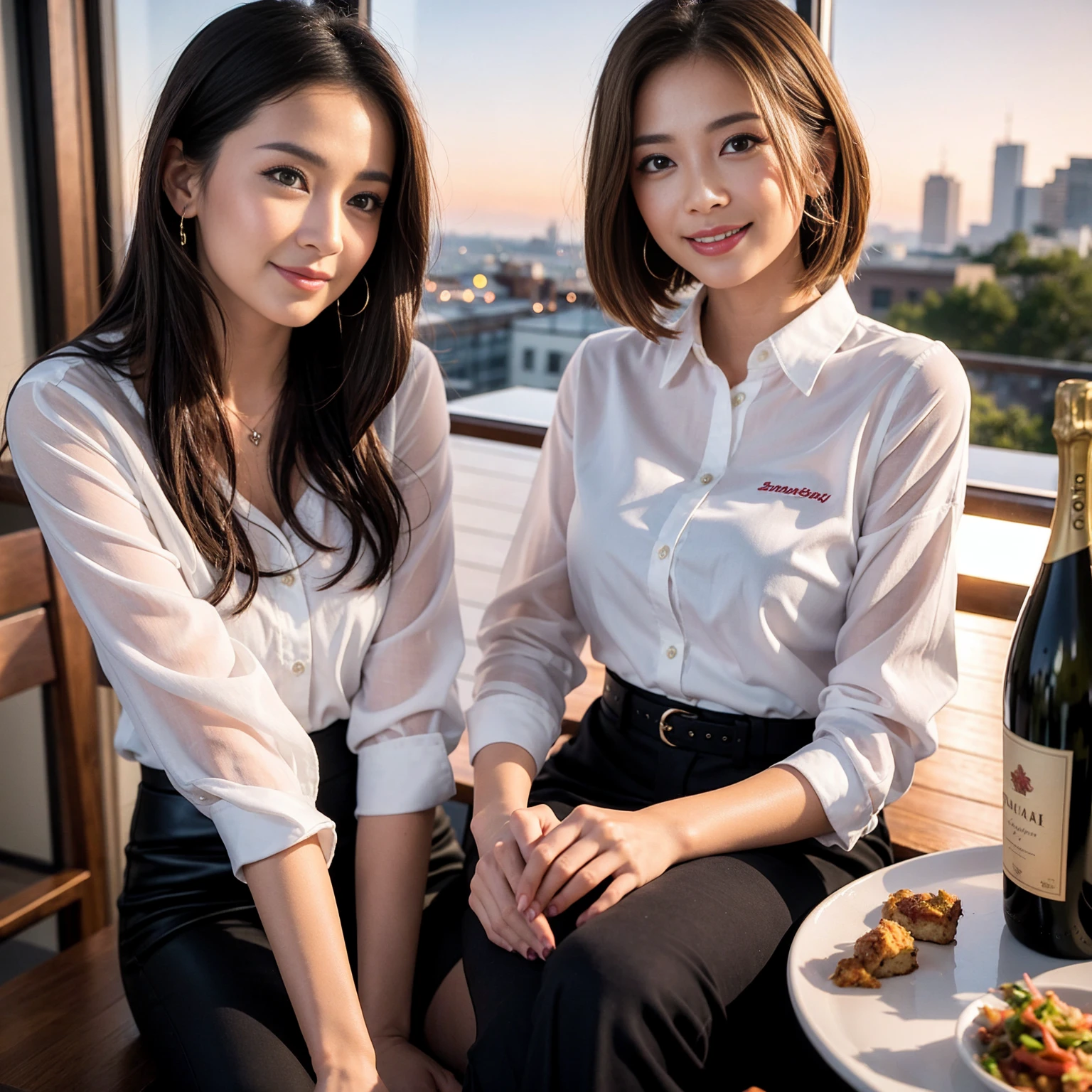 ((Highest quality、8k、masterpiece:1.3))、slimカップル、Pink rubber、modelカップル、(Realistic, Intricate details:1.2), full-course dinner、Wine Party、Amazing view of the sunset sky and clouds、A bright smile、The wonderfulness of smile、Bright image、The beauty of wine, Beautiful Face, blue eyes, The light shines on your face, blush, short hair,Bright Face、 (Age 37), 39 years old, red wine 、Appetizers、Italian food、Wine bottle、Champagne、sparkling wine、Two beauties、Brown Hair、Shortcuts、Long sleeve shirt、dress、Beautiful woman 1, (slimな顔), (The body is slim), (Brown Hair), (Shortcuts), cheeks turn a little red,Attractive beauty、restaurant, In a prominent place (From the waist up) Nova Frog Style, actress, model, Upper Body, White wine, slim, wine glass, 中央に置かれたwine glass, smile, (smile: 1.15), Beautiful fine grain, Depth f/2,saturation, High Contrast, Strong light and shadow,Moist Body:1.5、3D texture、Delicate eyes、Brown Hair、The hair is very shiny、