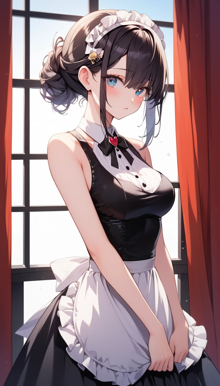 UHD, Retina, Masterpiece, Score_9, score_8_up, 8k, ultra-detailed, Ultra-high resolution, high-quality, 1girl, cute, perfect anatomy, black hair, side part, side part hairstyle, elegant, sleeveless maid dress, medium breasts, bare shoulders, white skinned, blushing, mini skirt, sexy, standing up