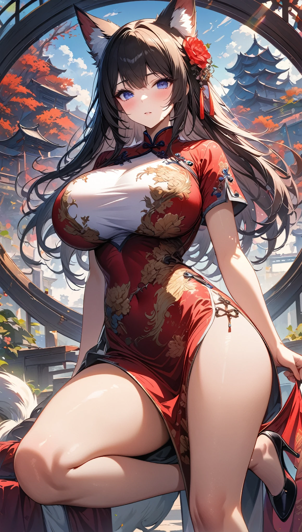 A girl, China costume, whole body, Sunlight, Clear face, Clean white background, masterpiece, Super Detail, Epic Works, Ultra HD, high quality, Very detailed, Official Art, 8k wallpaper, Super Detail, 32K，Fox Girl，Huge breasts，High heel