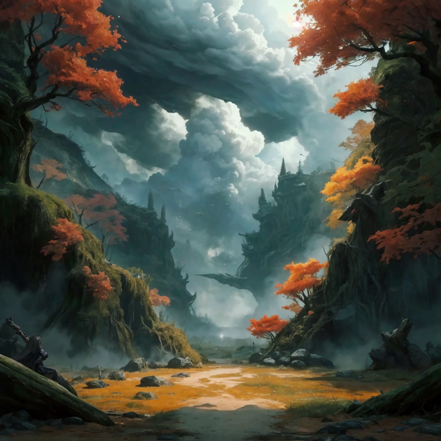 create a 2d RPG battle map with a top view, vista de topo, top-down. A Japanese setting featuring a dark, cloudy forest with a mud pit. captured in an ultra-realistic full HD 4K portrait, detailed texture showing its menacing shape, Immersive atmosphere, high definition shadow play, digitalpainting, nevoa no environment. suspense dinner. Poor lighting in the environment.