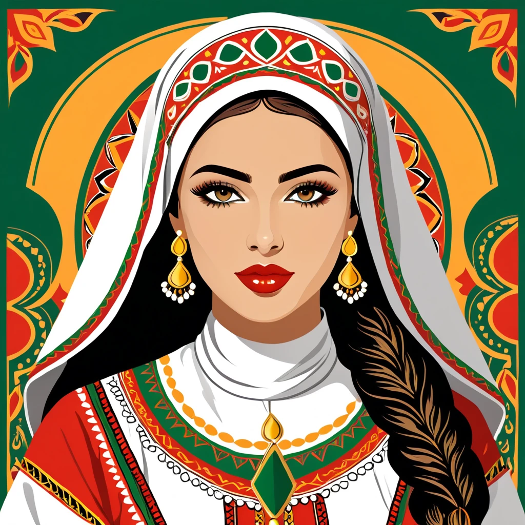 woman in algeria folk outfit, vector graphics, strong contours