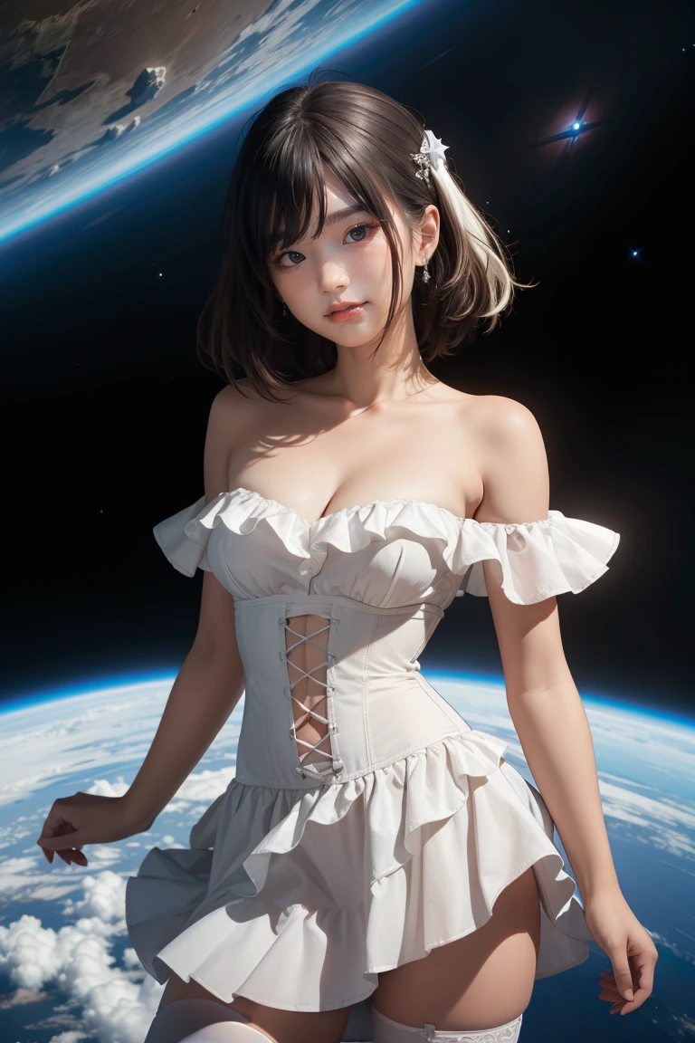 (masterpiece, best quality:1.2), cowboy shot, solo, 1girl, sheryl nome, smile, closed mouth, looking at viewer, strapless dress, corset, layered skirt, thighhighs, bare shoulders, outer space, star (sky)