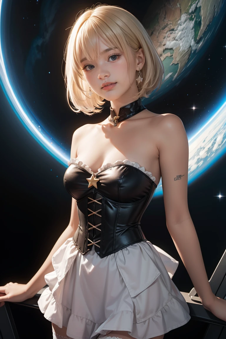 (masterpiece, best quality:1.2), cowboy shot, solo, 1girl, sheryl nome, smile, closed mouth, looking at viewer, strapless dress, corset, layered skirt, thighhighs, bare shoulders, outer space, star (sky)