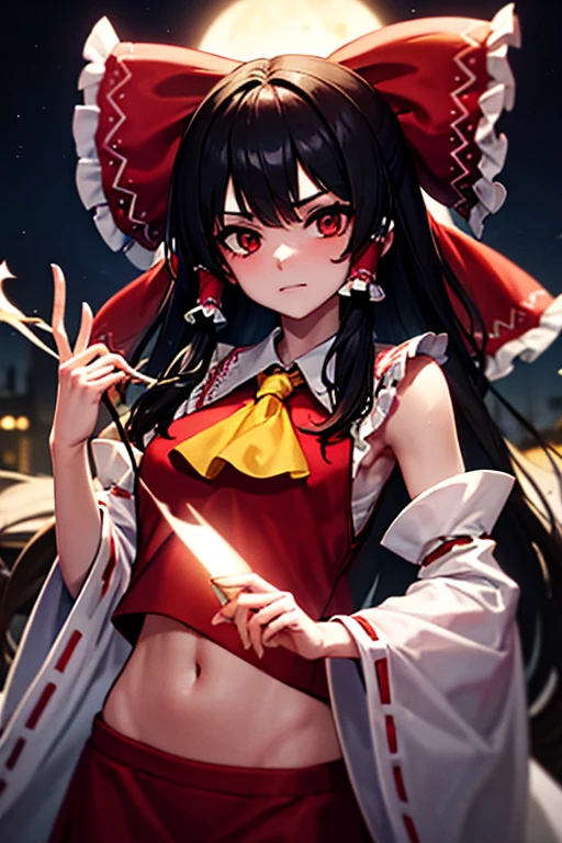 A glamorous Reimu facing off against a monster on a dark road at night and using magic attacks