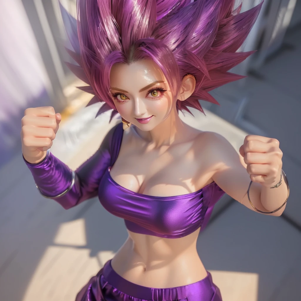 Close-up of a woman posing in purple clothes, Saiyan Girl, Realistic Anime 3D Style, Female Goku, Super Saiyan, going Super Saiyan, ArtJam 4 k, extremely detailed ArtJam, ig model | ArtJam, Anime-style 3D, ArtJam. Anime illustration, 8K high quality, detailed art