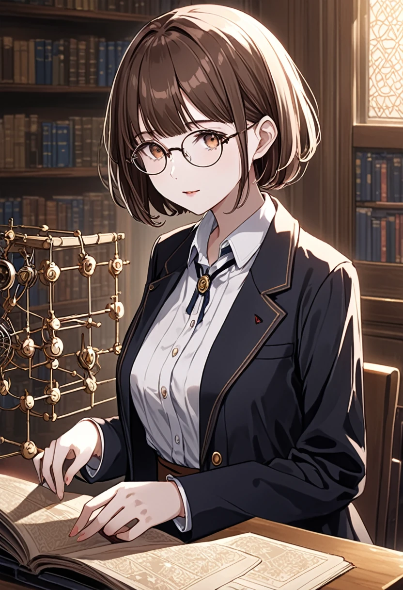 CG, Unity, 8k, wallpaper, Highest quality, masterpiece, Lovely lady, 18-year-old, Brown hair short cut, White skin, Best lighting, Complex pupil, Intricate weaving,((researcher:1.2)),harf body,professor、tailored jacket、Gadget Pouch、Opened the chest、Glasses
