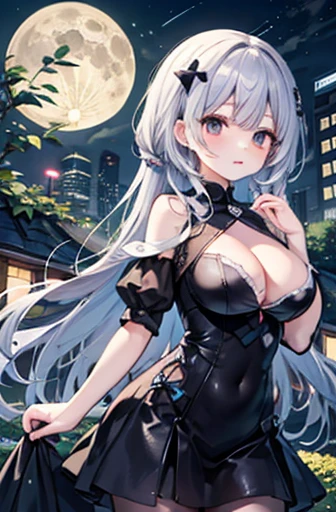 （Cute older sister:1.3）、Very detailed、Spring atmosphere、night、Aggressive、garden、full moon、Skyscraper,Large Breasts