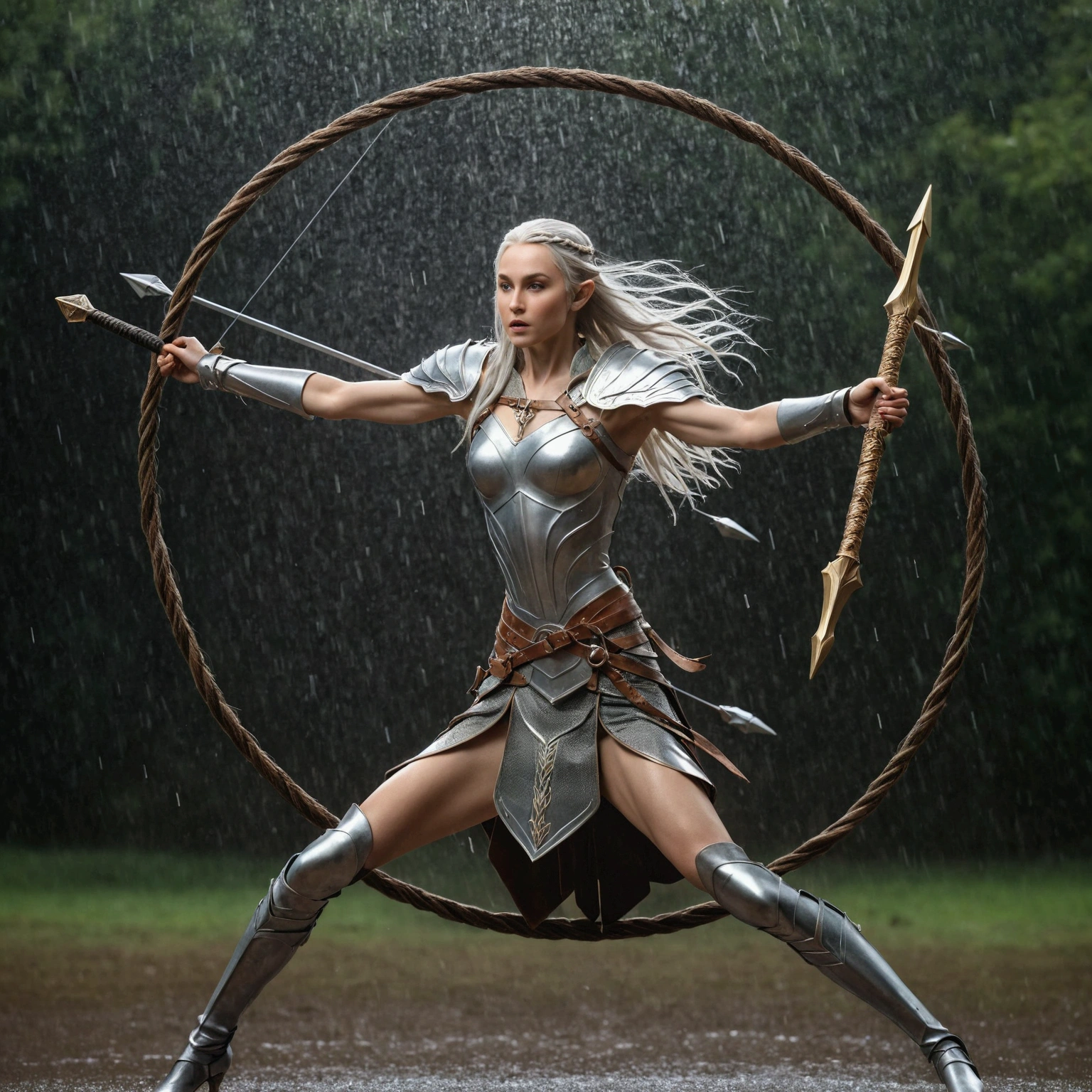 slow exposure image of a {1elven stunning pose, warrior, swinging the sword in circle swing, photo_model pose, holding sword, bright shining(ARMOR AND SHIELD), perfect proportional anatomy, elven with high heels, silver long hair, multi braid hair, bright shining armor, rain of arrows, jumping attack stance battlefight, UHD, intricate detailed, 8k, best quality ever, masterpiece, super detailed, unleashed creativity, beyond imagination, dramatic light, gradient motion color background}, rough, massive rain arrows background, arrows rain, weathered and textured, slow shutter speed motion photography, shot on Fuji Film XT4 camera f/1.5. ISO 200