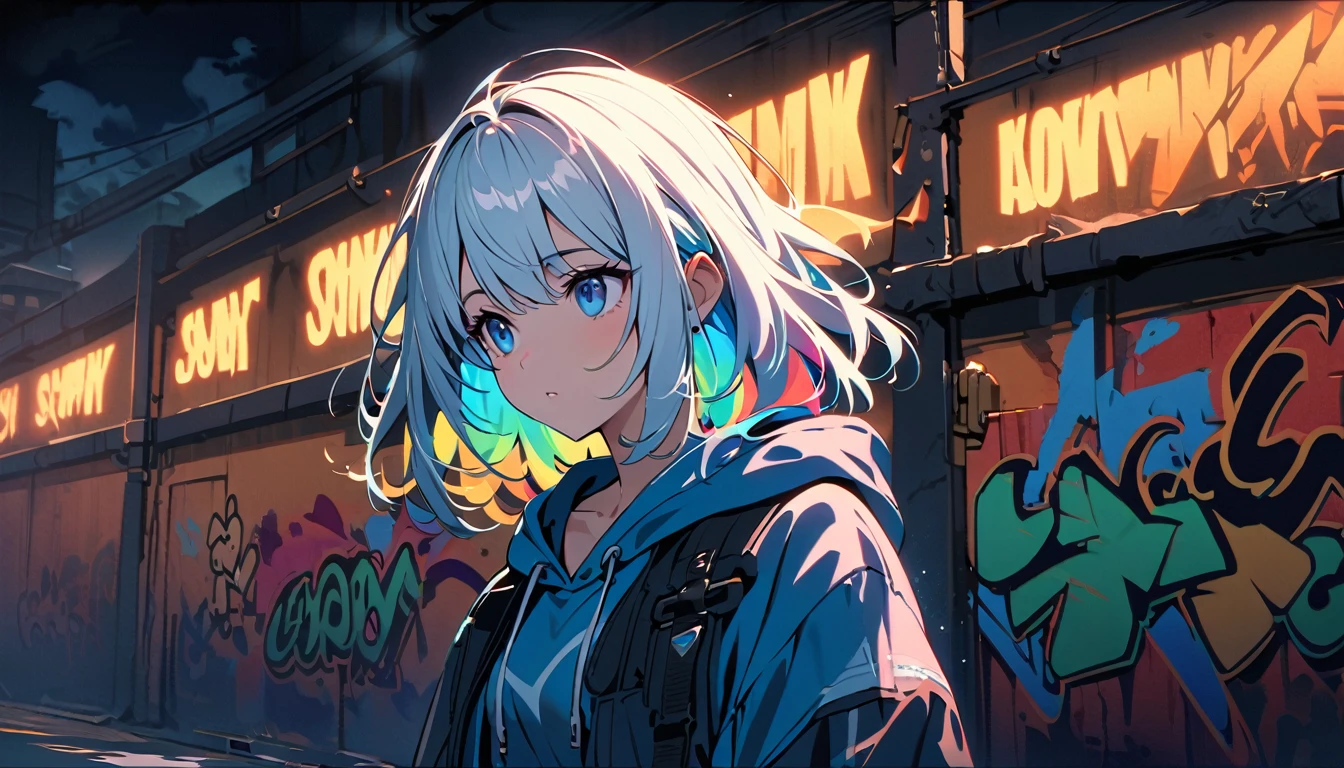 HD 8K Handsome sexy, Solitary, 1 female, Medium Length Hair, white hair, Rainbow hair, blue Eyes panoramic, in the night, looking away, colored hoodie, outdoor, White clouds, graffiti Popularity spray art wall panoramic,
