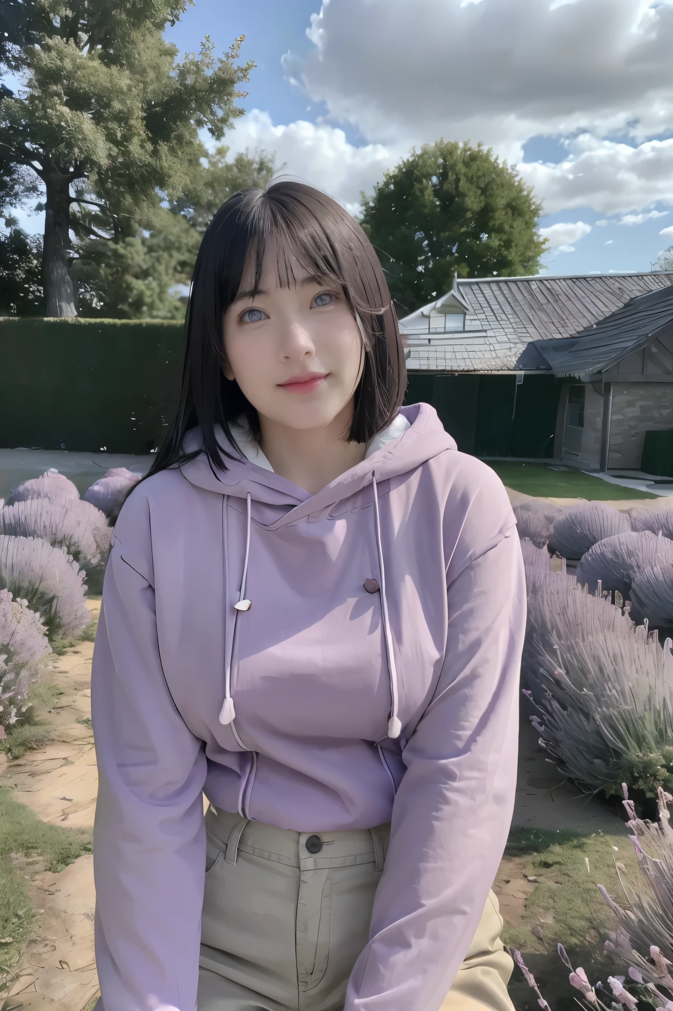 masterpiece, absurdres, hinata\(boruto\), 1girl, solo,mature female, purple hoodie,layered sleeves, brown pants, outdoors,lavender flower field, looking at viewer, (falling petals), cloudy sky, perfect composition, detailed lips, big breast, beautiful face, body propotion, blush, (pink lips), long hair, purple eyes, soft gaze, sad smile, super realistic, detailed, photoshoot, realistic face and body, realistic hair, realistic eyes, realistic nose, realistic lips