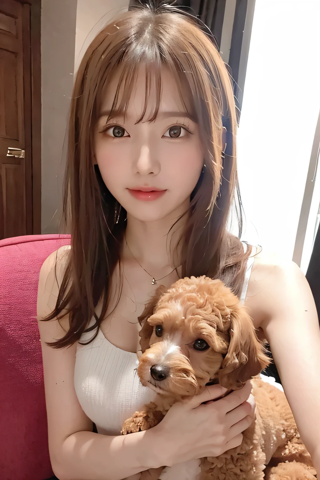 A cute brown small Poodle, A beautiful girl with big eyes and long hair is holding the dog on her lap, Wearing fashionable , smile, selfie shot by iPhone 8, wide aperture lens, natural light, high resolution, high details, best quality, high sharpness, --ar 3:4
