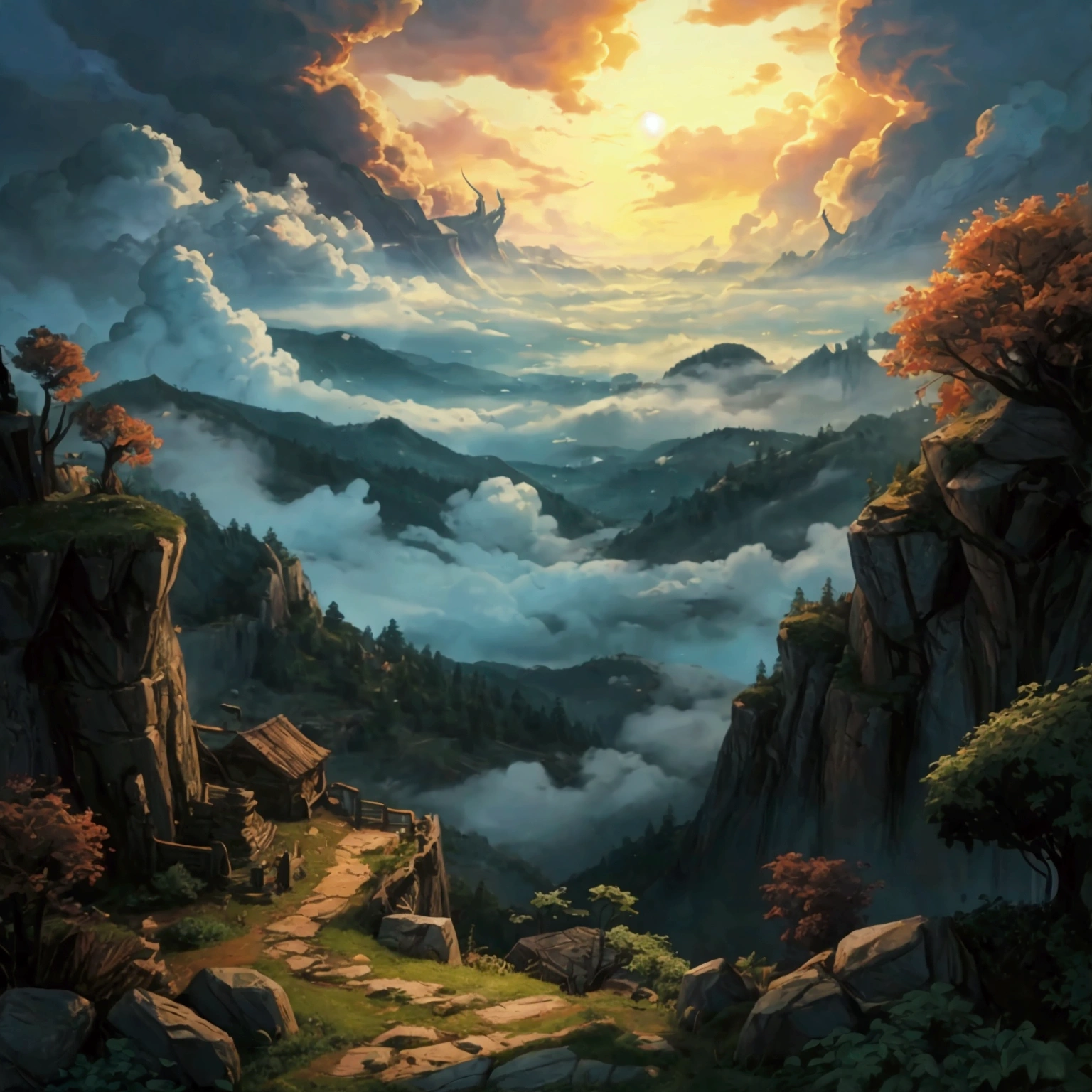 create a 2d RPG battle map with a top view, vista de topo, top-down. A dark, cloudy forest with a clay ridge