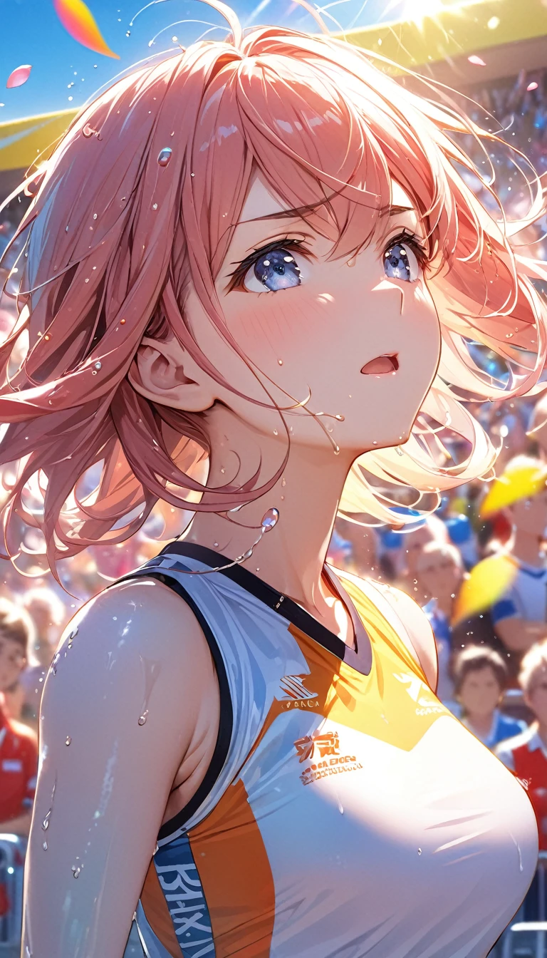 (Sports magazine cover photo), Highest quality, Great quality, 16K, Unbelievably absurd, Very detailed, delicate and dynamic, Natural light, The particles reflect light, Diffuse reflection of light, Many rainbow-colored petals fall, Beautiful truck studium, Sparkling Sun, Diffuse reflection of light, Create amazing image effects, , Wet, sweating, high jump competition, Close-up(Cute sexy girl, big bouncing busts, Sensual expression, Cool girl, Serious, passion, Dynamic, Flashy track and field uniform, audience , much-air-laden cheer)