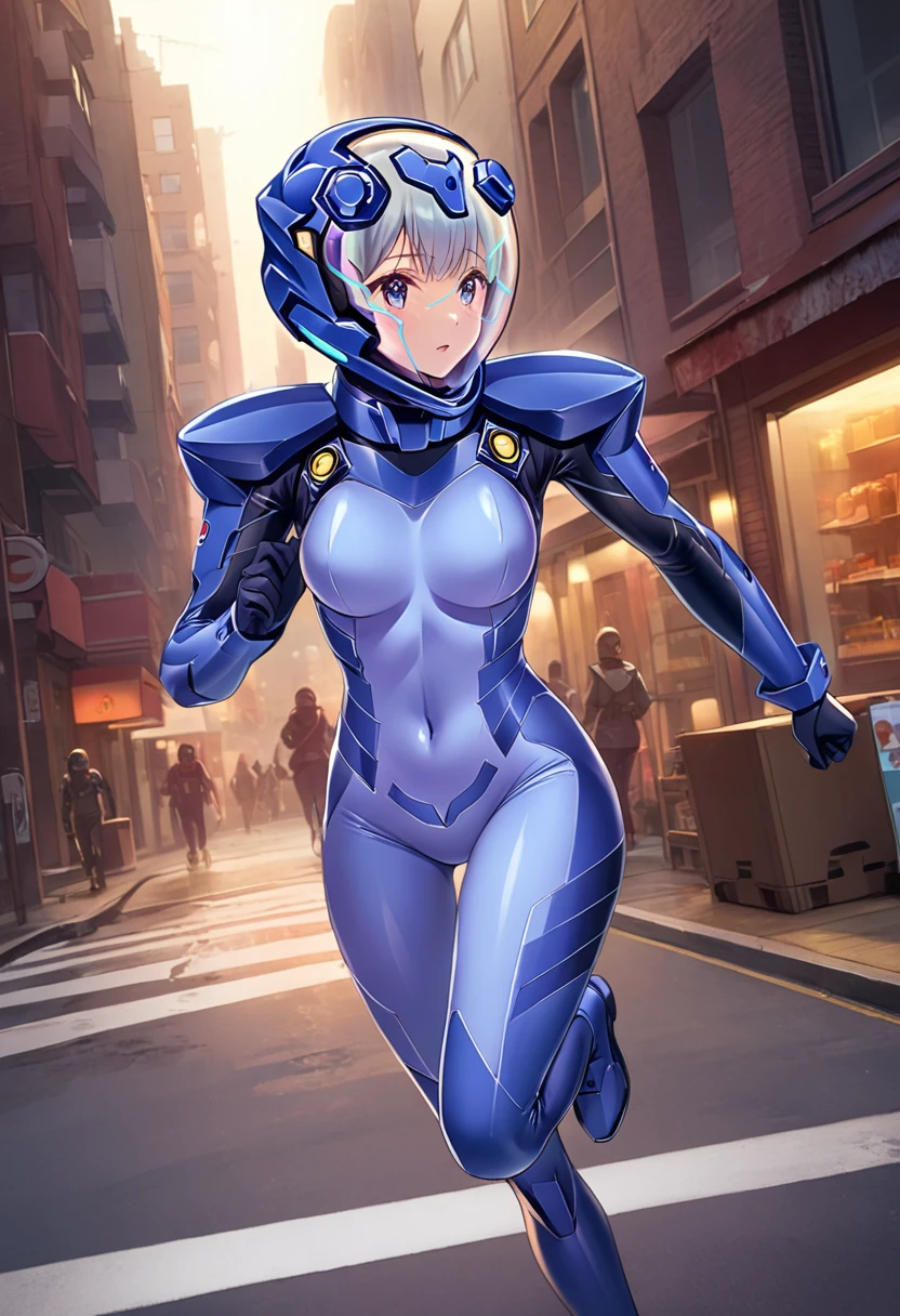 short hair, street, emo, gray hair, white eyes, eyeliner, apocalypse, (holding sword), astronaut, fighting stance,  girl,   running, road, city,  fortified suit, ((blue:1.5) plugsuit), short hair, outdoors, cinematic light,  medium breasts, covered navel, space helmet, muvluv, space helm, 