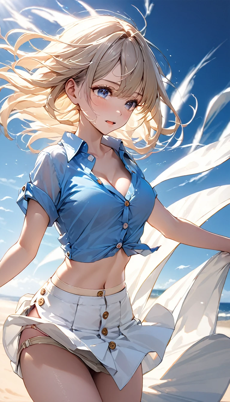 Masterpiece、最high quality、high quality、High definition、High resolution、High detail、Lens flare、Ray tracing method、high qualityの質感、high qualityの影、Beautiful details、Detailed and delicate、Detailed texture、Realistic facial expression、Realistic and colorful、Delicate、Cinematic Light、Side light、Sharp Focus、(1 woman:1.3)、(Intricate details、Makeup、Pure Eros Face_v1:0.5)、(Details Beautiful delicate face、Detailed beautiful delicate eyes、Perfect Facial Proportions、Detailed skin、Charm)、fancy hairstyles、Beautiful bangs、(Two-tone gradient hair color）、slender、(Upturned beautiful breasts)、Raise your arm and make a peace sign、Detailed crotch、Female juice、(Experiencing the best orgasm)、Light-colored V-cut、Light-colored thong、Thigh mini skirt、Low-rise mini skirt、Front-button short-sleeve shirt、Crop top、The wind blows and sways、 roll up
