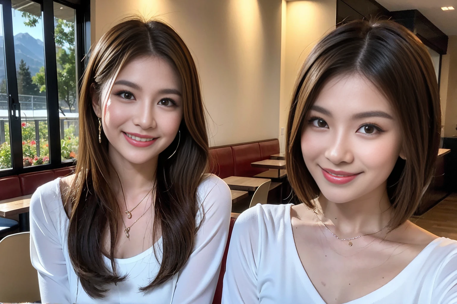 ((Highest quality、8k、masterpiece:1.3))、cute、slimカップル、modelカップル、actress男優、(Realistic, Intricate details:1.2), full-course dinner、Wine Party、Amazing view of the sunset sky and clouds、A bright smile、short hair,Bright Face、 (Age 37), 42 years old, red wine 、Appetizers、Italian food、Wine bottle、Champagne、sparkling wine、Two beauties、Brown Hair、Shortcuts、Long sleeve shirt、dress、Beautiful woman 1, (slimな顔), (The body is slim), (Brown Hair), (Shortcuts), cheeks turn a little red,Attractive beauty、restaurant, In a prominent place (From the waist up) Nova Frog Style, actress, model, Upper Body, White wine, slim, wine glass, 中央に置かれたwine glass, smile, (smile: 1.15), Beautiful fine grain, Depth f/2,saturation, High Contrast, Strong light and shadow,Moist Body:1.5、3D texture、Delicate eyes、Brown Hair、The hair is very shiny、